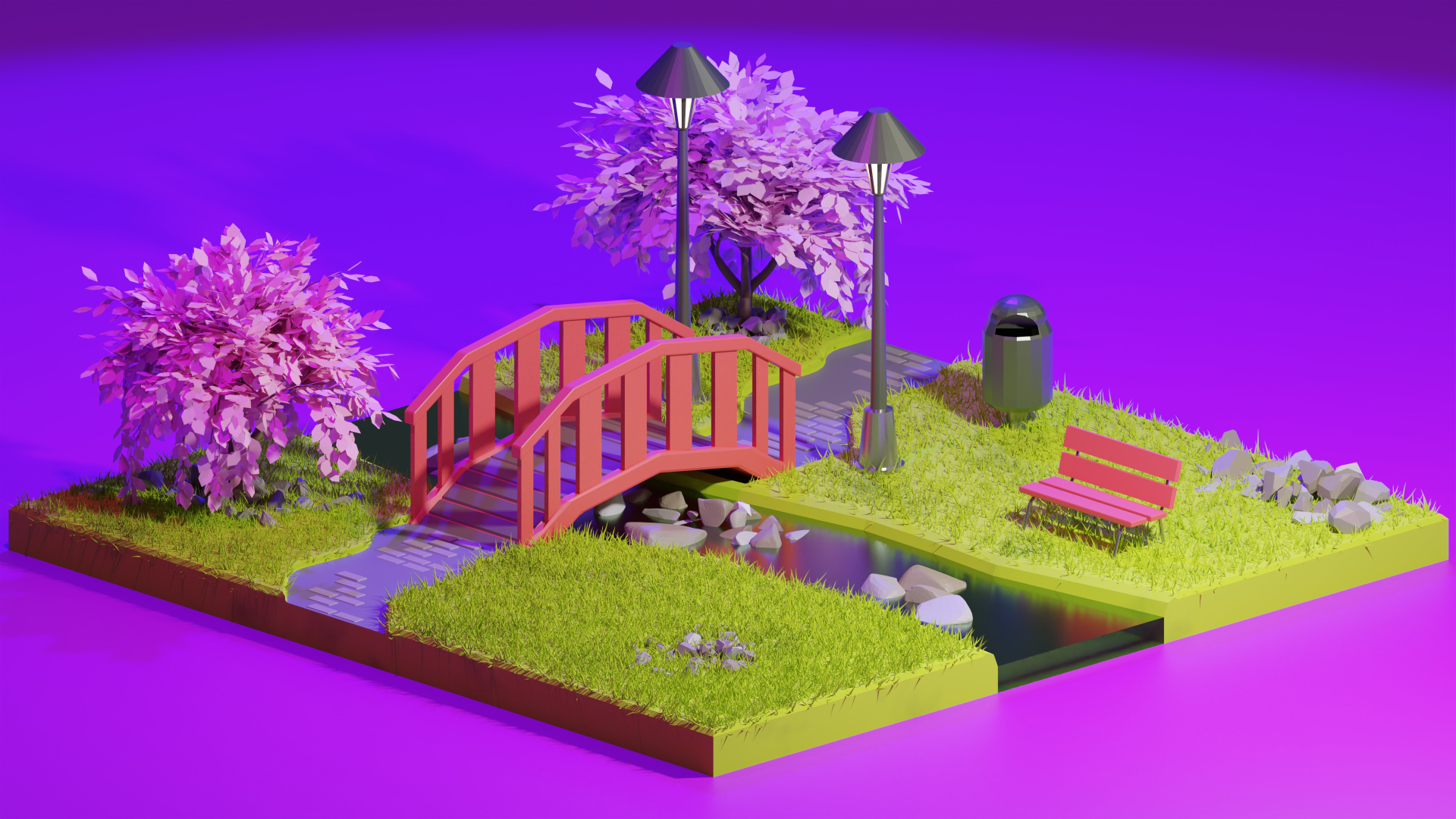 Rendu 3D vue isométrique d'un petit jardin Japonais
